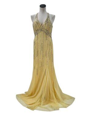 Yellow Beaded Trumpet Skirt Halter Top Formal Gown Medium Y2K 2010s